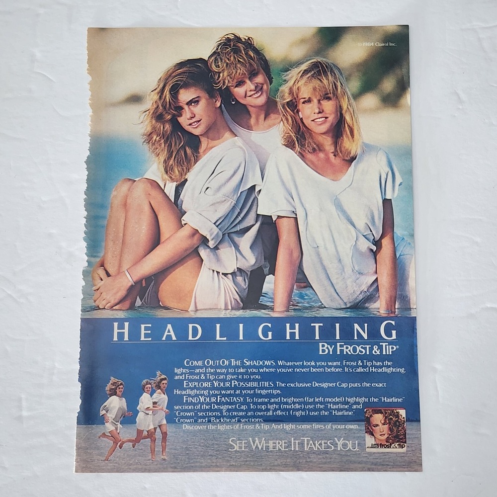 Vintage Print Ad Headlighting by Frost & Tip blonde models beach clipping 1984